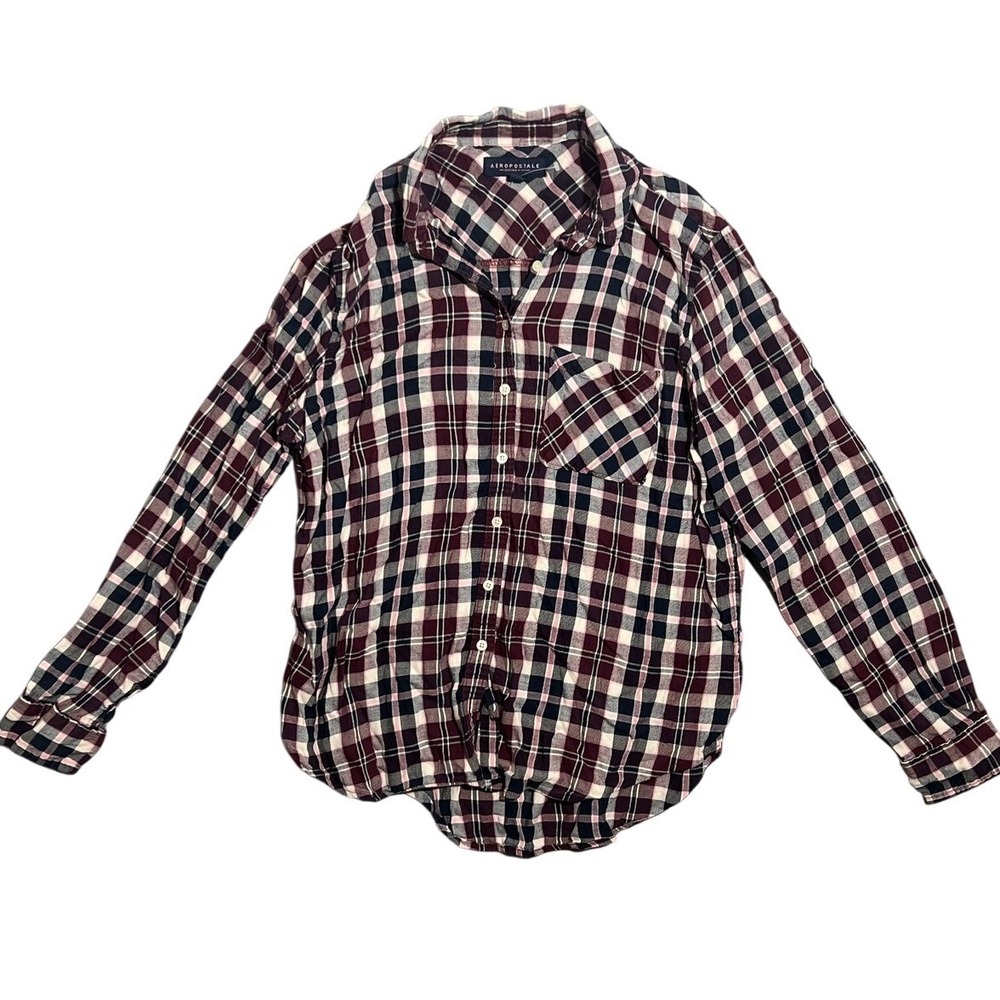Aeropostale Women's XL Plaid Flannel Button-Up Shirt Long Sleeve Burgundy Navy